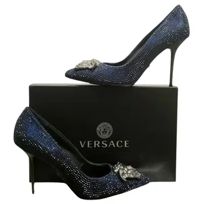 Pre-owned Versace New  Blue Sapphire Crystal Palazzo Pump Shoes 39 - 9