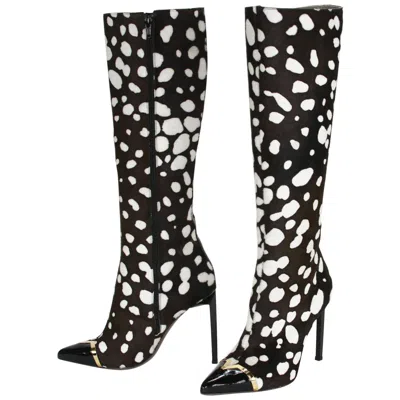 Pre-owned Versace New  Collection Leopard Print Calf Hair Stiletto Heel Boots It 38 Us 8 In Black