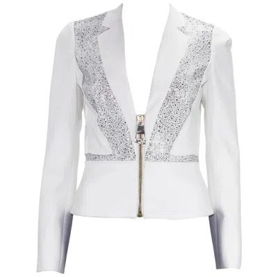 Pre-owned Versace New  Crystal Embellished White Blazer Jacket It 40 - Us 6
