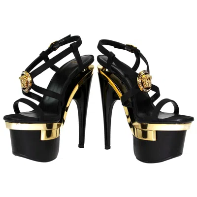 Pre-owned Versace New  Gold Black Triple Platform Swarovski Crystals Medusa Shoes Sandals