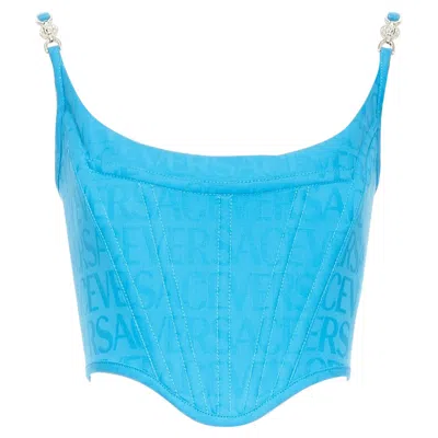 Pre-owned Versace New  Medusa '95 Mediterranean Monogram Boned Buckle Crop Top It38 Xs In Blue