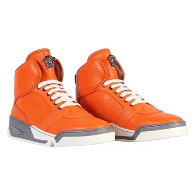 Pre-owned Versace New  Men's Orange Perforated Leather High-top Sneakers