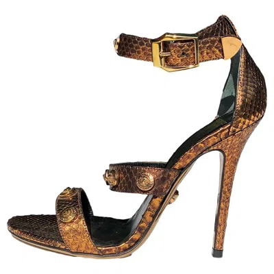 Pre-owned Versace New  Python Bronze Signature Medusa Embellished Sandals It 37.5 - Us 7.5 In Black