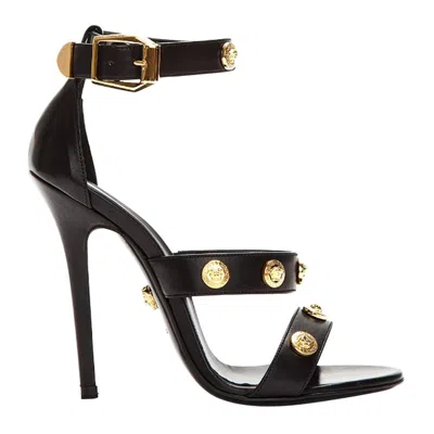 Pre-owned Versace New  Signature Gold Tone Medusa Black Leather High Heel Sandals 37.5 7.5
