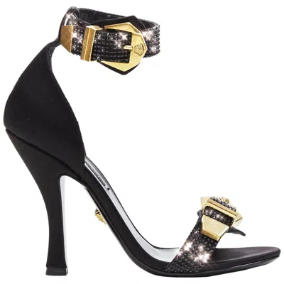 Pre-owned Versace New  Tribute Crystal Embellished Medusa Buckle Ankle Strap Sandals 38.5 In Black