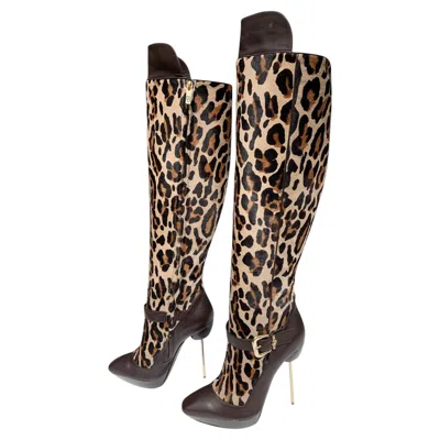 Pre-owned Versace New  Vintage Pf 2011 Over-the-knee Cheetah Print Calf Leather Boots It 40 In Black