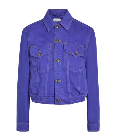 Versace Notched Collar Short Denim Jacket In Blue