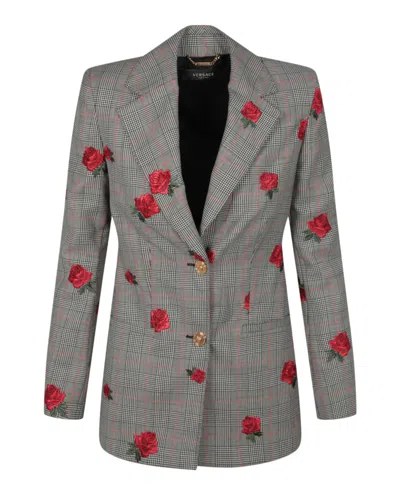 Versace Notched Lapel Rose Embroidered Blazer In Black