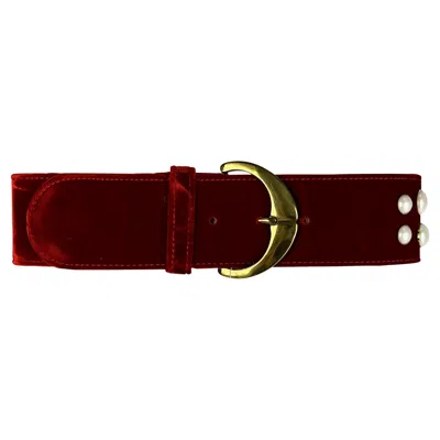 Pre-owned Versace Nwt Early 1990s Gianni  Red Velvet Gold Tone Pearl Accent Belt