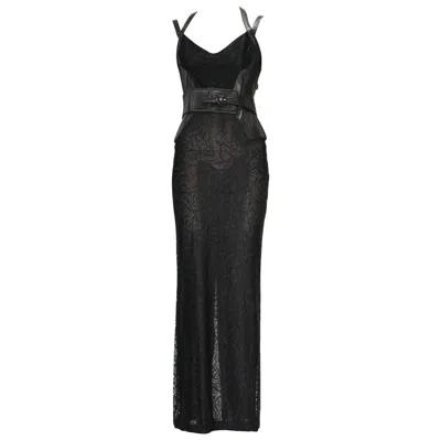 Pre-owned Versace Nwt Gianni  Couture F/w 2001 Leather Sheer Lace Black Bandage Gown It. 44
