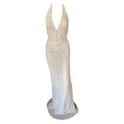 Pre-owned Versace Nwt Gianni  S/s 2002 Plunging Backless Semi Sheer Lace Ivory Dress Gown In White