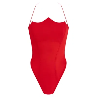 Pre-owned Versace Nwt S/s 1991 Gianni  Red High-cut Peaked Neckline One-piece Swimsuit It40