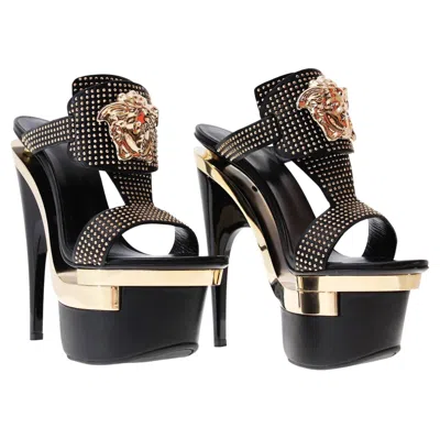 Pre-owned Versace Nwt  Black Gold Studded 3 - X Platform Sandals Shoes Italian 40 - Us 10