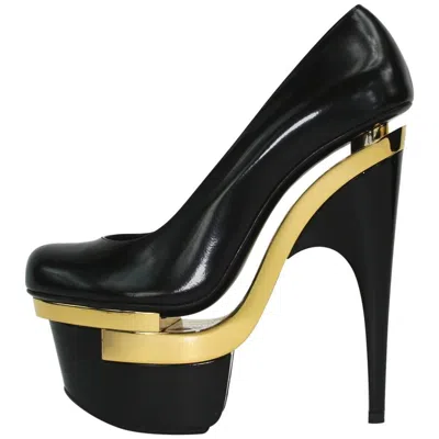 Pre-owned Versace Nwt  Black Gold Triple Platform Leather Pumps Sky High Heel Shoes It 39