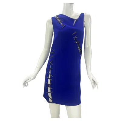 Pre-owned Versace Nwt  Blue Swarovski Crystal Embellished Cut-out Silk Mini Dress 38 Us 4