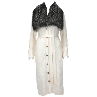 Pre-owned Versace Nwt  Cream Wool Cardigan Coat Removable Silver Fox Collar Italian 38 In White