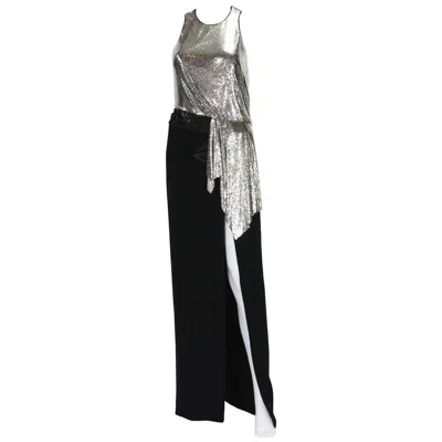 Pre-owned Versace Nwt  Silver Metallic Mesh Cut Out Black High Slit Gown It Size 42 Us 8