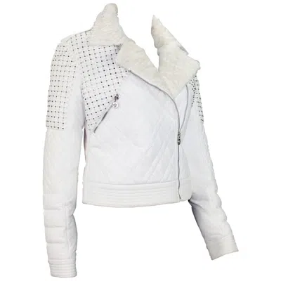 Pre-owned Versace Nwt  White Leather Fur Collar Beaded Down Jacket W/ Swarovski Crystals 42