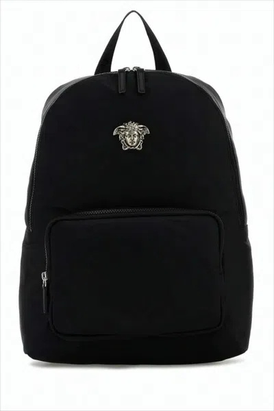 Versace Nylon Backpack With Metallic Emblem And Minimalist Design In Black