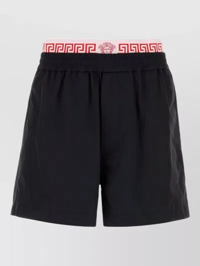 Versace Nylon Bermuda Shorts Elastic Contrast Waistband In Black
