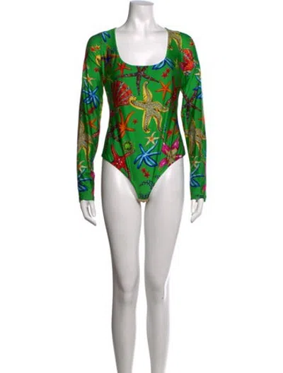 Pre-owned Versace Nylon Graphic Print Bodysuit In Green