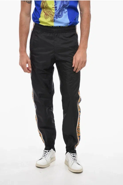 Versace Nylon La Greca Sweatpants With Side Contrasting Bands In Black