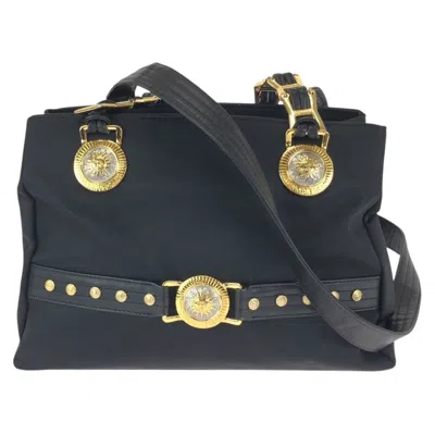 Versace Nylon Leather Shoulder Tote Bag In Black