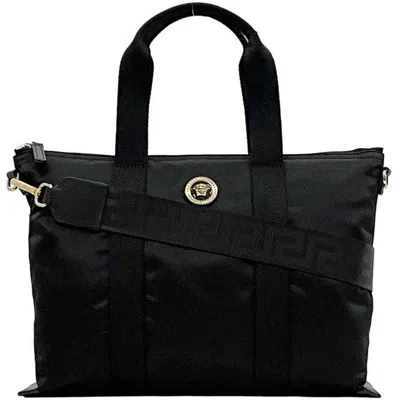 Pre-owned Versace Nylon Leather Tote Bag () In Black
