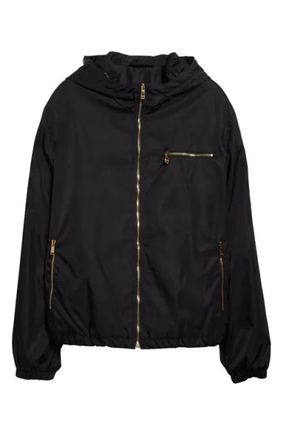 Versace Nylon Twill Hooded Windbreaker In Black