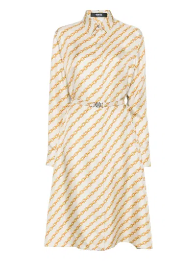 Versace Oblique Gold Chain Print Shirt Dresss In Neutrals