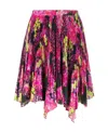 Versace Multicolor Asymmetric Pleated Mini-skirt With Logo Orchid Print In Polyester Woman In Red