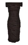 Versace Off-the-shoulder Enver-satin Midi Dress In Black