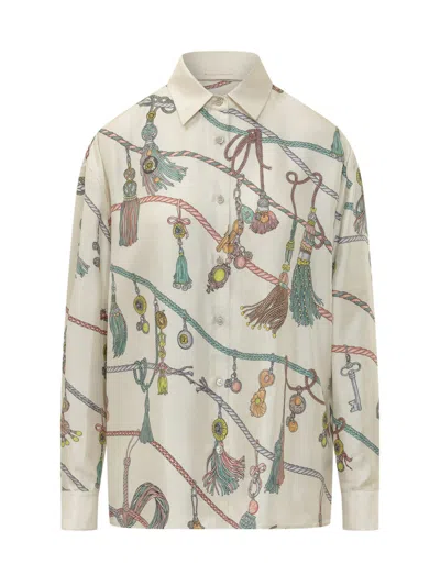 Versace Informal Shirt Silk Twill Print Hangin Out Allover In White