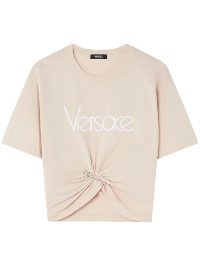 VERSACE OFF WHITE SAFETY PIN CROPPED T-SHIRT
