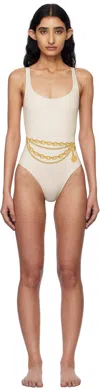 Versace White One-piece Swimsuit With Chain Print In Tech Fabric Woman In 5e490-bone+gold