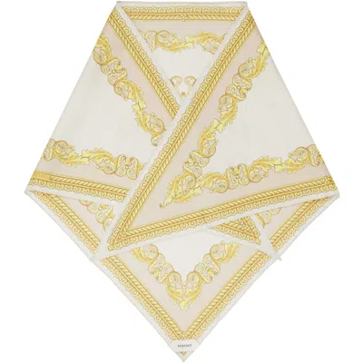 Versace Off-white & Yellow Silk Twill Triangle Head Scarf In 5ka40-bone+ivory+gol