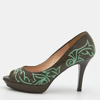 Versace Olive Brown Embroidered Leather Peep Toe Platform Pumps In Multi