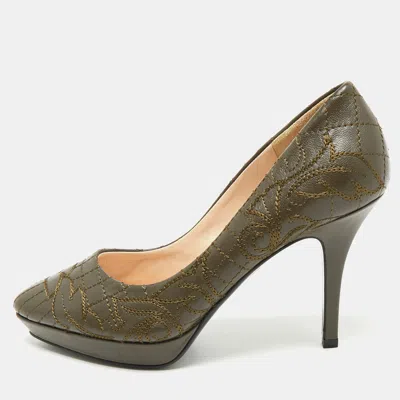 Versace Olive Brown Embroidered Leather Platform Pointed Toe Pumps In Green