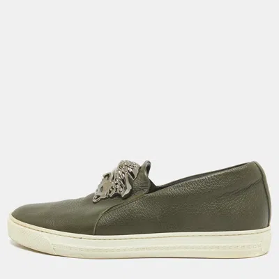 Pre-owned Versace Olive Green Leather Medusa Slip On Sneakers Size 43