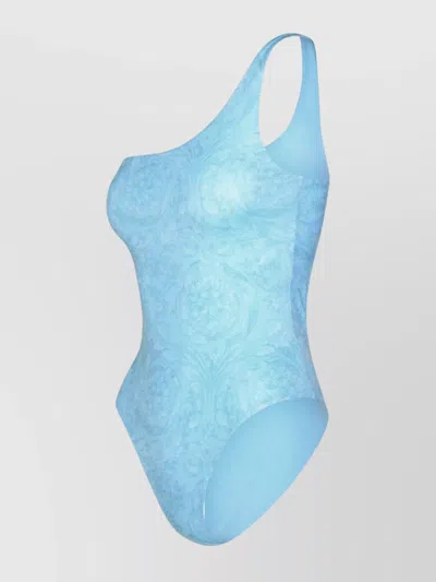 Versace One-piece Swimsuit Asymmetric Floral Pattern In Blue