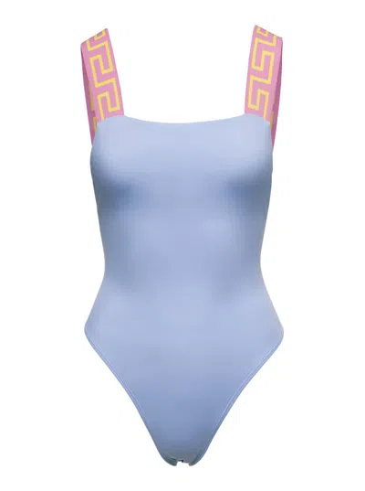 Versace Greca Border One-piece Swimsuit In Blu