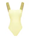 Versace Yellow One-piece With Shoulder Straps With Greca Motif And Square Neck In Tech Fabric Stretch Woman In Pale Yellow