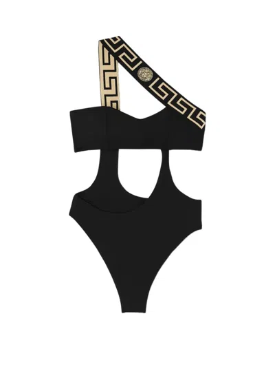Versace One Piece Swimsuit With Greek Border In Black