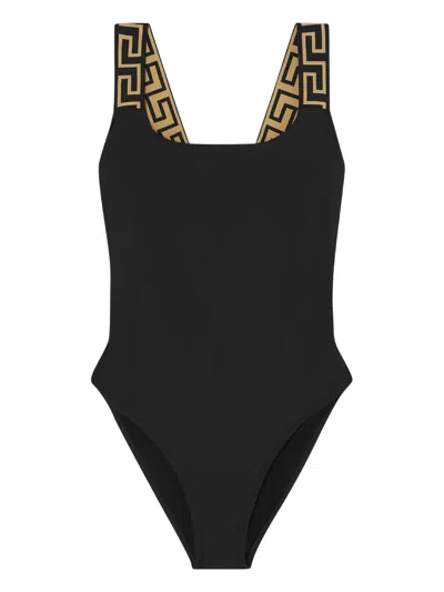 Versace One-piece Swimsuit With Greek Border In Black