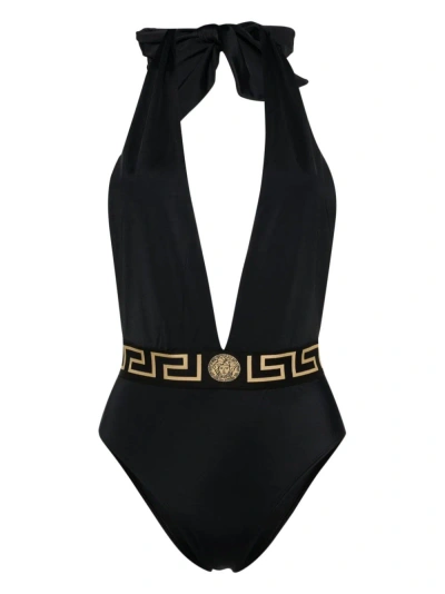 Versace One-piece Swimsuit With Greek Border In Black  