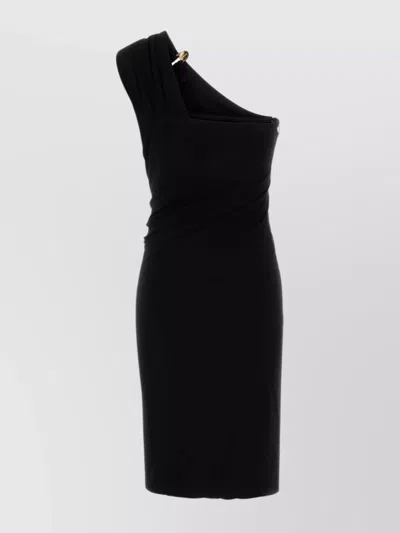Versace One-shoulder Draped Knee-length Dress With Metal Accent In Black
