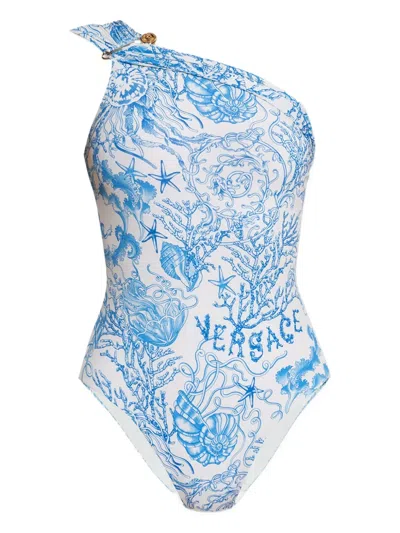 Versace One-shoulder Printed Swimsuit In Blue