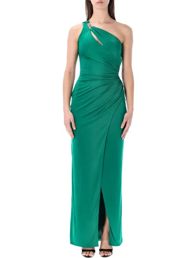 Versace One-shoulder Draped Long Gown With Iconic Medusa Detail In Green