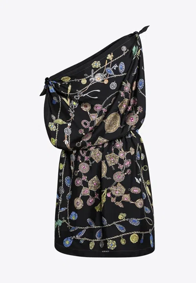 Versace One-shoulder Floral Silk Mini Dress In Black