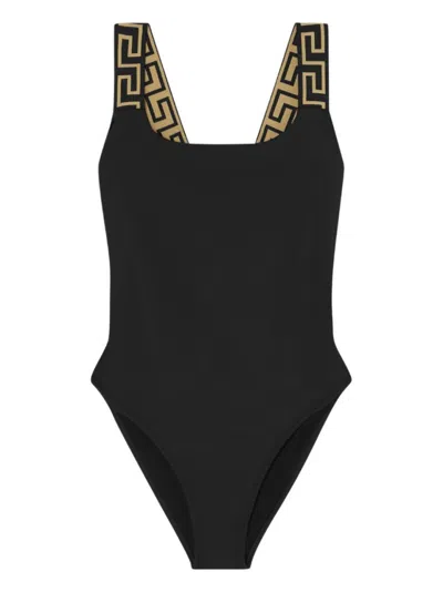 Versace Open Back Swimsuit With Signature Greca Detailing In Black